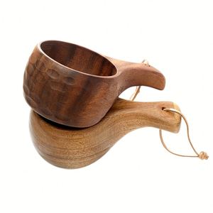 Custom LOGO Dursten Kuksa Handcrafted Wood Camp <b>Mug</b> Wooden Milk Coffee Cup Natural Hardwood Cup with Carabiner & Leather Lanyard - Product Image 3