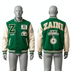 Chaqueta Varsity Verde ZAINI Premium de 380g, Resistente al Viento, con Cuello Alto, Bordado Personalizado y Parche de Chenilla con Logotipo para Hombre - Product Image 1