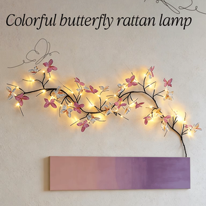 Lampe en rotin en forme de feuille de fleur de papillon LED avec des lumières de chaîne de branche flexibles DIY pour une décoration murale romantique de chambre à coucher de Noël - Product Image 1
