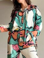 Nouvel ensemble pantalon large taille haute et chemise imprimée à revers boutonnée pour femme, collection printemps
