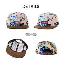 Casquette de camping 5 panneaux à imprimé floral tropical personnalisé, visière plate en faux daim avec broderie pour le streetwear et les activités de plein air