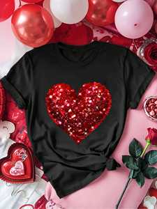 T-Shirt da Donna a Maniche Corte, Vestibilità Slim, Collo Tondo, Stampa Cuore Glitterato, Moda Casual Primavera Estate, 100% Cotone Jersey - Product Image 3