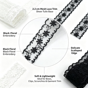 Cinta de encaje bordada de malla <span class=keywords><strong>con</strong></span> <span class=keywords><strong>flores</strong></span> pequeñas de 2.2 cm, en blanco, negro y marfil, para decoración de prendas, vestidos y costura DIY. - Product Image 5