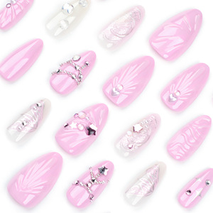 Ongles artificiels 3D rose sirène, forme amande, avec décorations étoiles, coquillages et strass, réutilisables, pour femmes - Product Image 5
