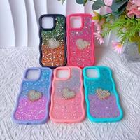 Coque de téléphone de luxe pour iPhone 16, style fille, bord ondulé coloré, résine, poudre de paillettes de diamant, gel, vente chaude de l'usine BAILI