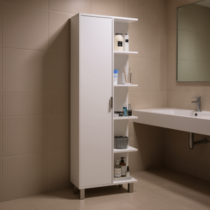 Armoire à linge avec une porte, 9 étagères, rangement de salle de bain, autoportante, blanche, rectangulaire, design minimaliste - Product Image 2