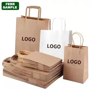 Kolları ile alışveriş çantası logolu kağıt Kraft torba çanta ile beyaz kahverengi Kraft kağıt özel kağıt