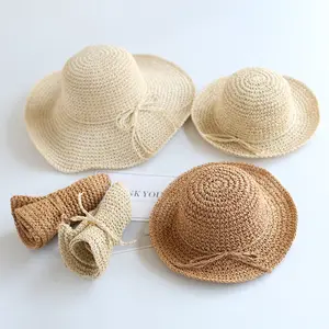 가족 엄마 아기 해변 여행 여름 양동이 Cloche 접이식 포장 종이 밀짚 모자 아이 어린이 여성 여성 성인