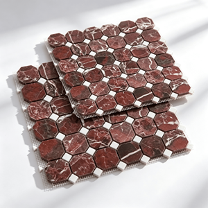 Mosaïque octogonale en marbre rouge, dos en maille, 305x305mm, avec copeaux carrés blancs, pour la décoration murale de salle de bain et de cuisine - Product Image 5