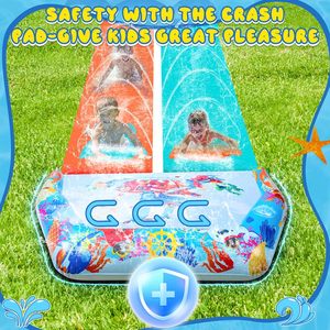 Toboggan aquatique à double voie avec imprimé océan, arroseur et matelas de chute pour le plaisir des enfants dans la cour - Product Image 5