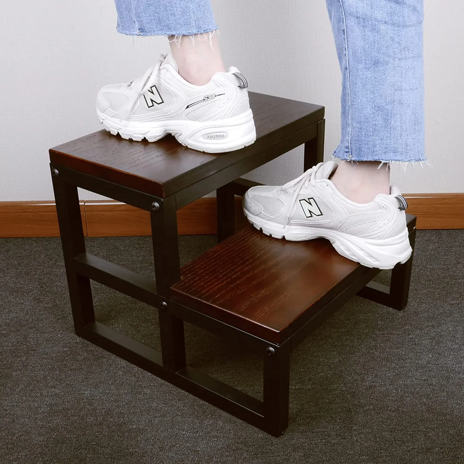 Factory wholesale Two Step Wood Stool with Metal Frame for adult children's toilet foot step Double Wooden Stepping Footstool