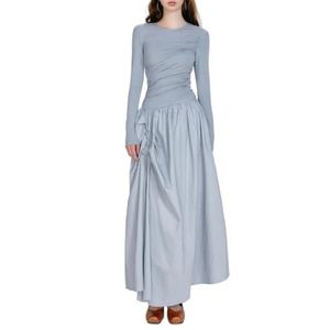 เดรสฤดูร้อนผู้หญิง สีน้ำเงิน แขนยาว ทรงเข้ารูป กระโปรงบานยาว ดีไซน์หรูหรา จับจีบ คอทรงกลม - Product Image 1