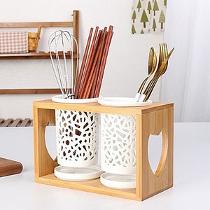 Support de rangement pour baguettes en bambou, organisateur multifonctionnel, égouttoir à ustensiles de cuisine et de bureau avec inserts en céramique - Product Image 1