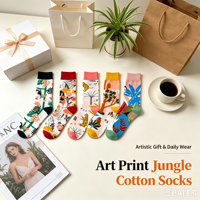 Chaussettes en coton unisexe à motif Art Jungle, jacquard abstrait avec figurines et plantes, mi-mollet, pour usage quotidien et décontracté, tendance, motif personnalisé OEM