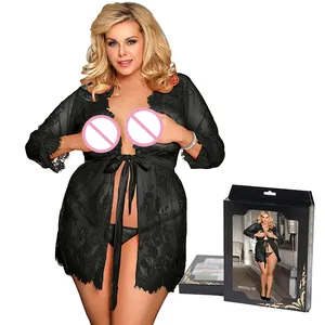 Box package Ohyeah transparent black sheer mature erotic plus size women sexy lingerie robe
