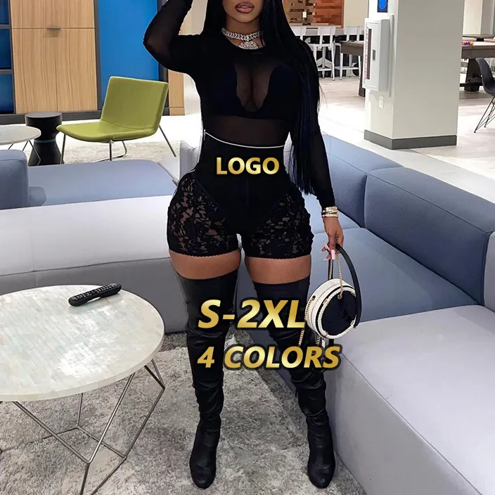 Nightclub Lady Lace High Waisted Zipper Shorts Black See Through Patchwork Short Pants