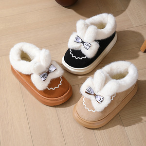 Chaussons d'hiver pour femmes à semelle épaisse en EVA, doublés de fourrure, lumineux, doux, pour la maison, avec nœud décoratif, en velours et cuir, chauds et confortables - Product Image 4