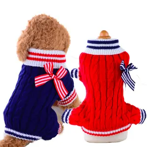 XXS〜L4フィート冬の子犬コートネイビードッグセーター犬用服暖かい衣装ペット服蝶結びニットコスチュームアパレル