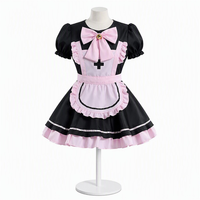 Ensemble de robe de cosplay de demoiselle d'honneur Bunny Maid noir et rose, tenue de demoiselle d'honneur courte et mignonne avec manches bouffantes, tablier à volants et bandeau oreilles de lapin croisées