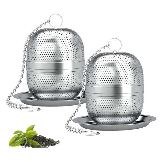 Kitchen 304 Stainless Steel Tea Ball Strainer with Chain and Drip Trays for Mugs Teapots Tea Infuser Silver
