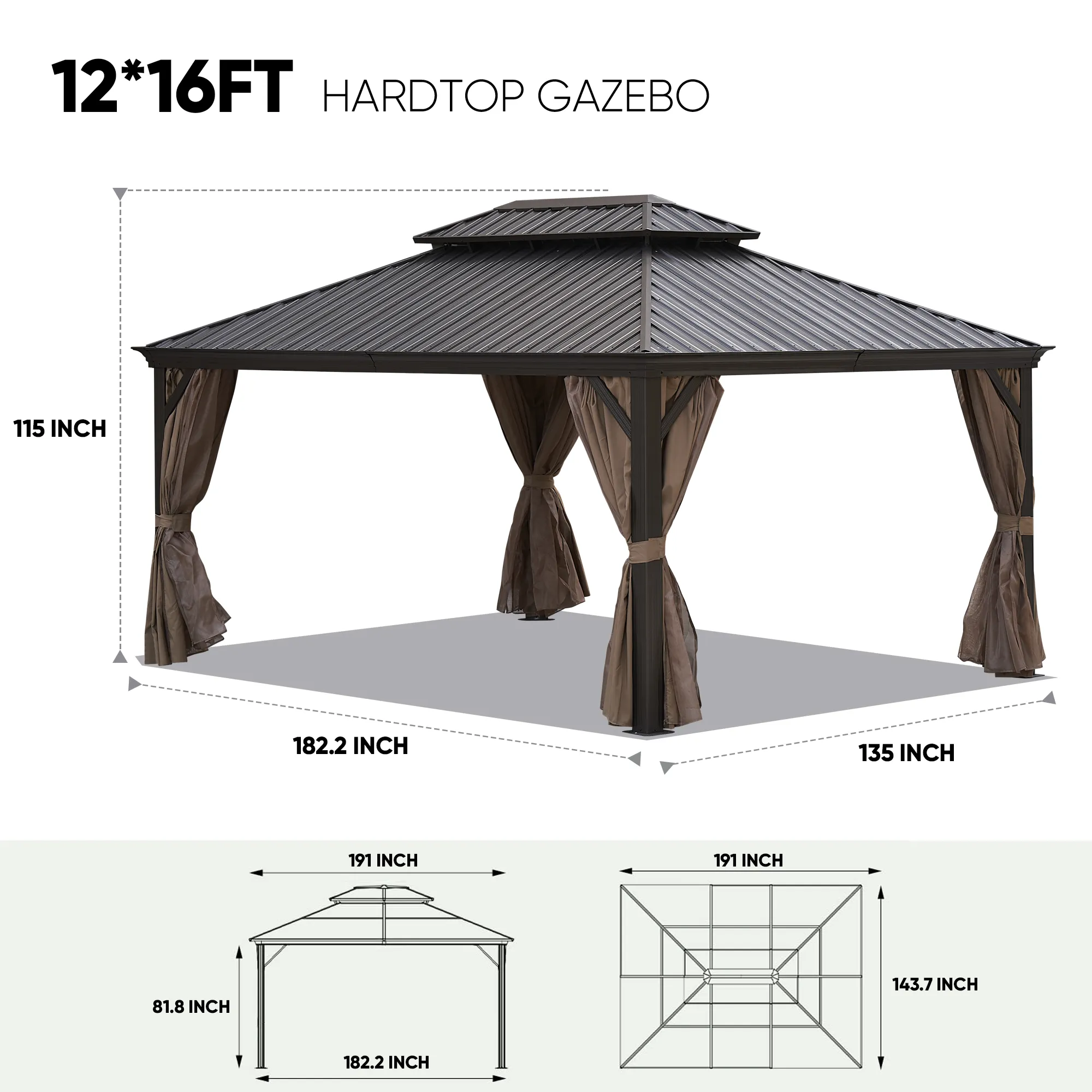 12x16 gazebo hardtop patic gazebo, esterno Hardtop permanente Gazebo a baldacchino per Patio, giardino, cortile gazebo all'aperto