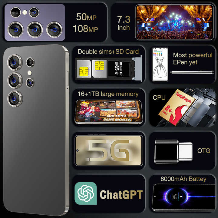 Smartphone S24 Ultra 5G Débloqué 256 Go - Android 14, Double SIM, 6800mAh, Neuf