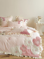 Ensemble de literie en coton rose pour fille, 4 pièces, broderie florale, linge de lit princesse