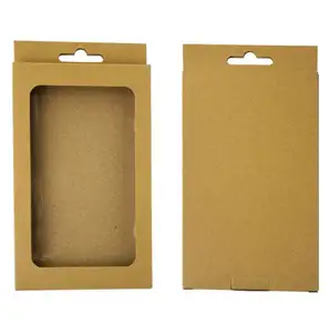 Caja de papel kraft Blanco/negro con ventana de pvc para funda de teléfono móvil, caja de Embalaje universal con agujeros colgantes