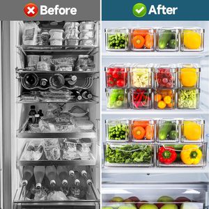 Transparent Plastic Rectangle <b>Kitchen</b> Pet Food <b>Storage</b> <b>Box</b> Bins Stackable Refrigerator Fridge Organizer Set with Handle - Product Image 3