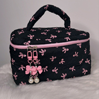 Boîte à cosmétiques matelassée à motif floral, avec ruban, fermeture éclair, poignée portable, grande capacité, trousse de toilette de voyage