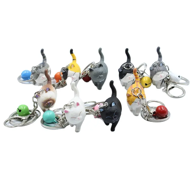 Groothandel Schattige Kat Figuur Hanger, Pvc 3d Kat Dier Sleutelhanger, 9 Stks/set Mini Kat Figuur Met Ring Bell Sleutelhanger Voor Sleutel