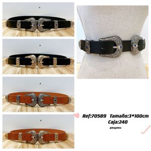 Ceinture en cuir véritable 3x100cm avec boucle argentée style western - Product Image 1