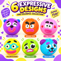 Vente en gros de balles en PU moelleuses, colorées, avec des visages amusants de dessins animés, jouets anti-stress à presser, 6 designs assortis, boîte de présentation de 12 pièces