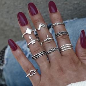 Fashion <b>Rings</b> Set 10pcs <b>Silver</b> Plated Heart Arrow <b>Feather</b> Flower Square Bohemia Style Women's Daily Wear Gift Jewelry - Product Image 1