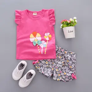 Children Wear 2020 new set Summer kids girls fly windmill vest lace sleeve shorts clothing set two pieces suit