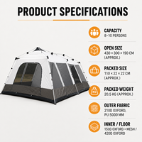 Carpa de Camping Pop-Up para 8-10 Personas, 430*300*190cm, Montaje Automático, Dos Habitaciones, Tipo Cabaña Familiar, Impermeable, Oxford, Toldo Extendido para las Cuatro Estaciones