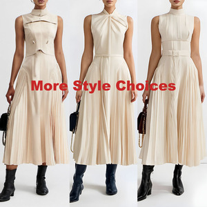 新款定制秋季Midi优雅女式褶皱无袖纯色休闲a字裙舞会礼服 - Product Image 2