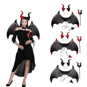 Tanduk setan ikat kepala sayap kelelawar kostum iblis Aksesori kostum Halloween Cosplay berdandan