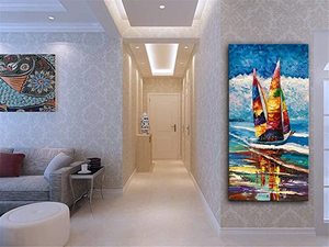 Dipinti di arte della parete pittura a olio acrilica dipinta a mano moderna su tela barca a vela sul mare dipinti astratti - Product Image 4