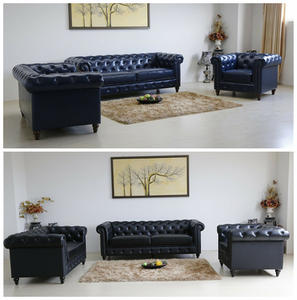 طقم أريكة كلاسيكي فاخر من 3 قطع, طقم أريكة باللون الأزرق بتصميم أمريكي عتيق مكون من 3 قطع ، طقم أريكة من الجلد الطبيعي لغرفة المعيشة - Product Image 6