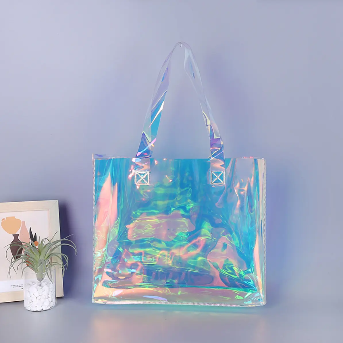 High Quality Fashion Custom Laser Hologram Handbags makeup pouch clear Bag Waterproof Beach Tote PVC Bag for Women