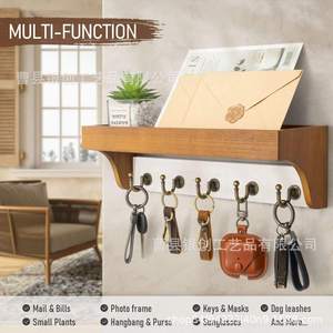Wooden Wall Mounted Storage Rack With Hooks <b>Key</b> Holder Entryway <b>Organizer</b> Rectangle Shape Customizable Color And Size - Product Image 4