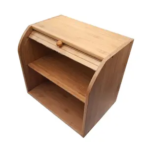 用于厨房的竹制面包箱2层滚筒，大容量木制面包存储支架