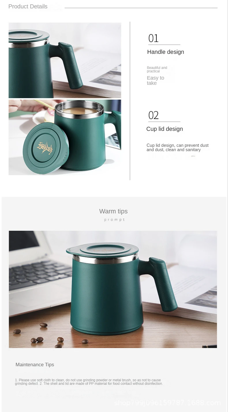 Custom logo 420ml reusable 304 stainless steel milk coffee mug with lid and handle for office household