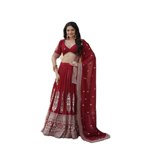 Trending Fully Flared Georgette Lehenga Choli en granate con vestidos de noche bordados - Product Image 1