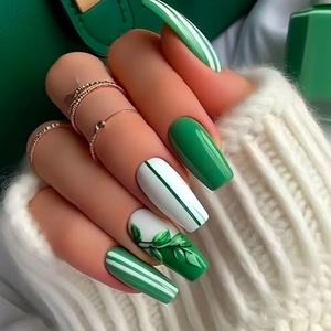 <span class=keywords><strong>Faux</strong></span> ongles carrés en acrylique 3D rose menthe, faits à la machine, couvrance totale, 24 pièces, finition mate, motif floral stéréo, <span class=keywords><strong>poudre</strong></span> scintillante - Product Image 4