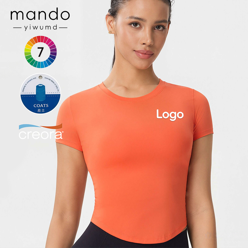 Curved Hem Yoga T-Shirt 85% Nylon 15% Spandex High Elastic Fabric Short-sleeve Crew-neck Fitness Top Women