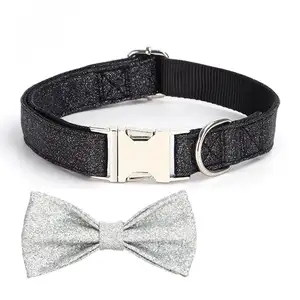 Free Engraving ID Name Tag Adjustable Sparkling Bling Party Dog Collar Personalized Nylon Pet Collar With Removable Bow Tie