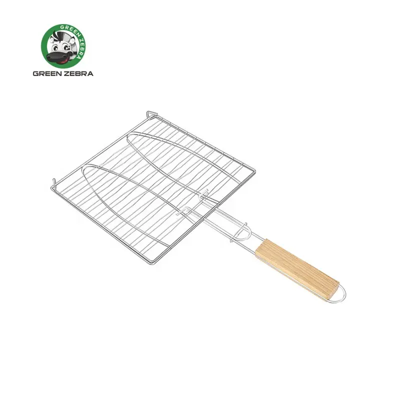 Stainless Steel Grid Double Fish Basket Net Clip Barbecue Grill Wholesale BBQ Grill Grates Wire Mesh With Wooden Handle