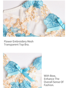 Ensemble de lingerie sexy <span class=keywords><strong>en</strong></span> dentelle transparente pour femmes japonaises matures, 3 pièces, avec nœud floral bleu, soutien-gorge et jarretelles - Product Image 4